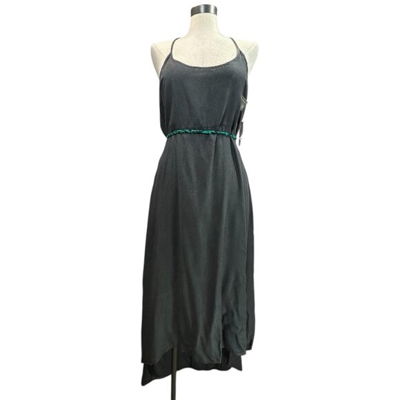 ELEMENT Louis Midi Dress Sz L Faded Black Crochet Racerback Green Braided Belted - Picture 1 of 11